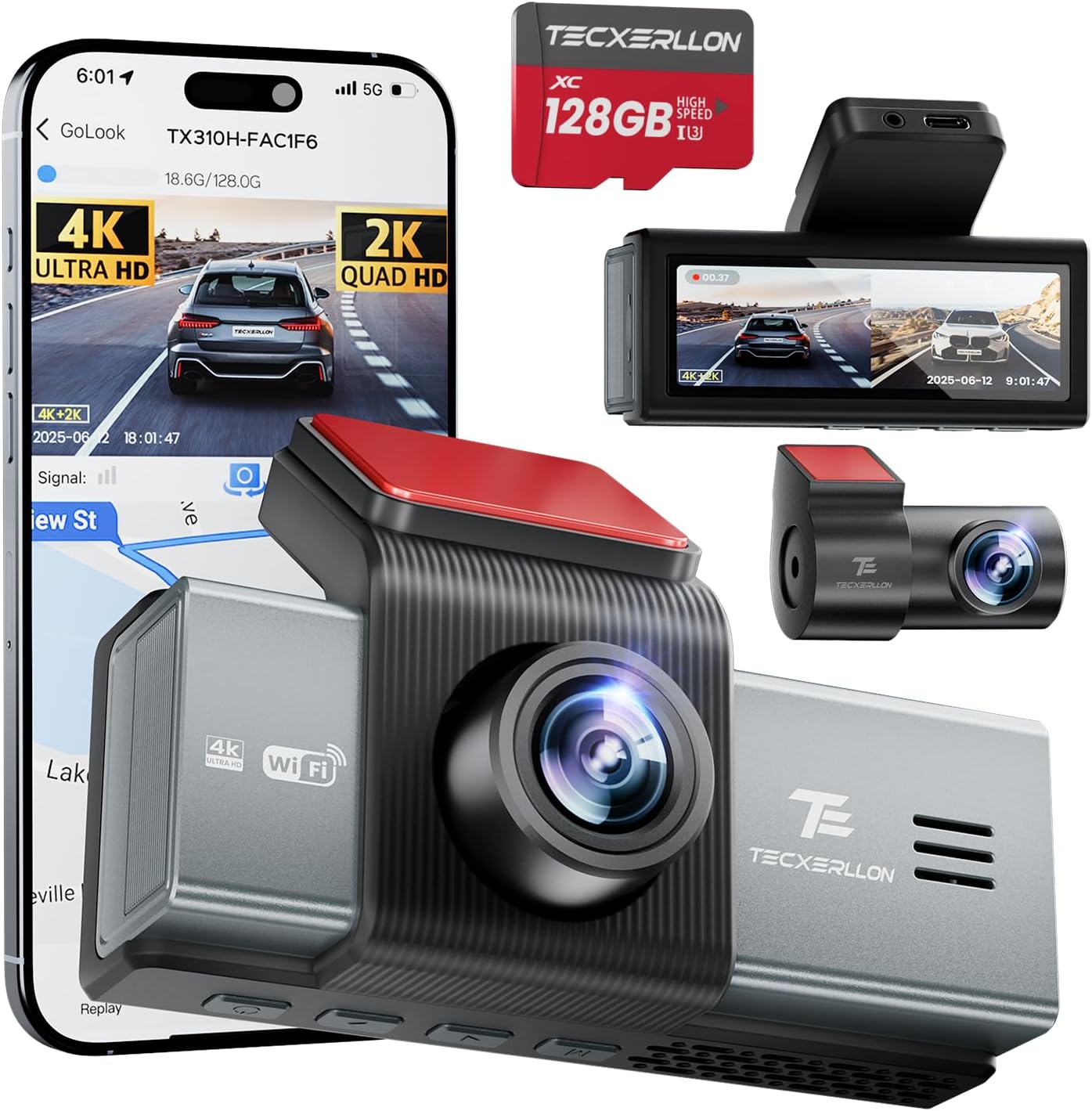 TECXERLLON Dash Cam, 4K Front and Rear Dual Camera with ADAS, 170°/150° Wide View, No-Light Night Vision, GPS, WDR, G-Sensor, App Support, 24H Parking Mode, 128GB Card Included, RXZ-X6