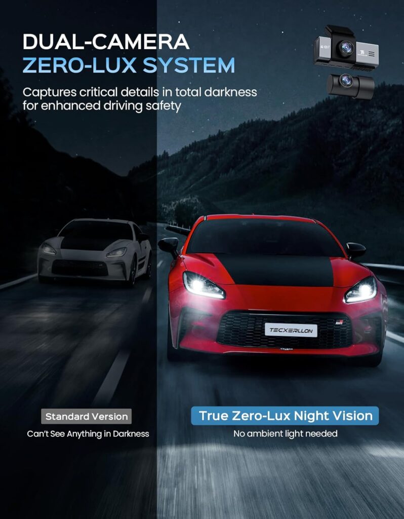 TECXERLLON Dash Cam, 4K Front and Rear Dual Camera with ADAS, 170°/150° Wide View, No-Light Night Vision, GPS, WDR, G-Sensor, App Support, 24H Parking Mode, 128GB Card Included, RXZ-X6