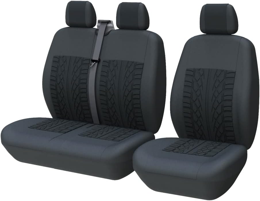 TOYOUN Universal Auto-Sitzbezüge für Transporter LKW Vorn Autositzbezüge 3D-Reifen-Spur-Muster Sitzbezug Fahrersitz + 2er Beifahrersitzbank Schonbezüge Schwarz