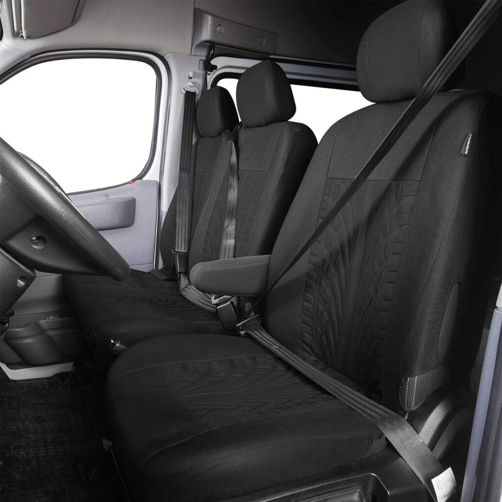 TOYOUN Universal Auto-Sitzbezüge für Transporter LKW Vorn Autositzbezüge 3D-Reifen-Spur-Muster Sitzbezug Fahrersitz + 2er Beifahrersitzbank Schonbezüge Schwarz