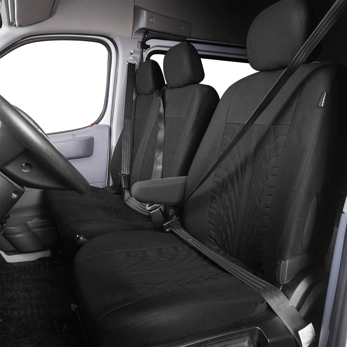 TOYOUN Universal Auto-Sitzbezüge für Transporter LKW Vorn Autositzbezüge 3D-Reifen-Spur-Muster Sitzbezug Fahrersitz + 2er Beifahrersitzbank Schonbezüge Schwarz