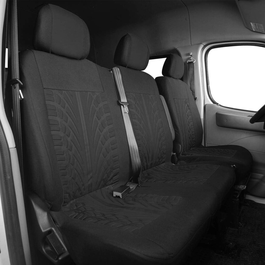 TOYOUN Universal Auto-Sitzbezüge für Transporter LKW Vorn Autositzbezüge 3D-Reifen-Spur-Muster Sitzbezug Fahrersitz + 2er Beifahrersitzbank Schonbezüge Schwarz