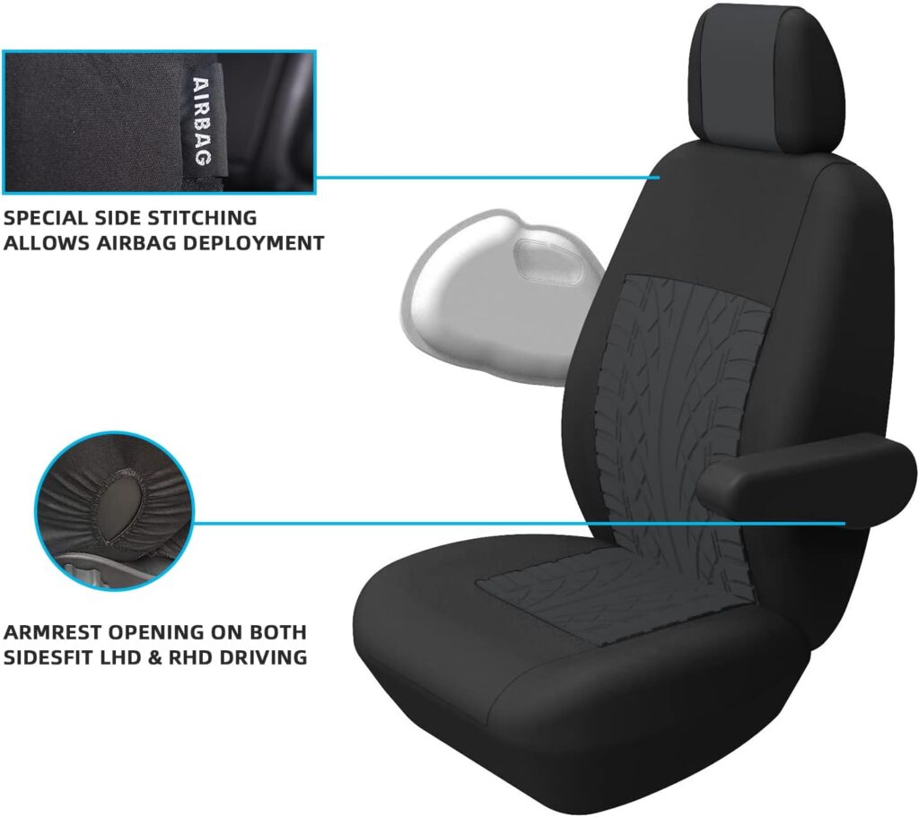 TOYOUN Universal Auto-Sitzbezüge für Transporter LKW Vorn Autositzbezüge 3D-Reifen-Spur-Muster Sitzbezug Fahrersitz + 2er Beifahrersitzbank Schonbezüge Schwarz