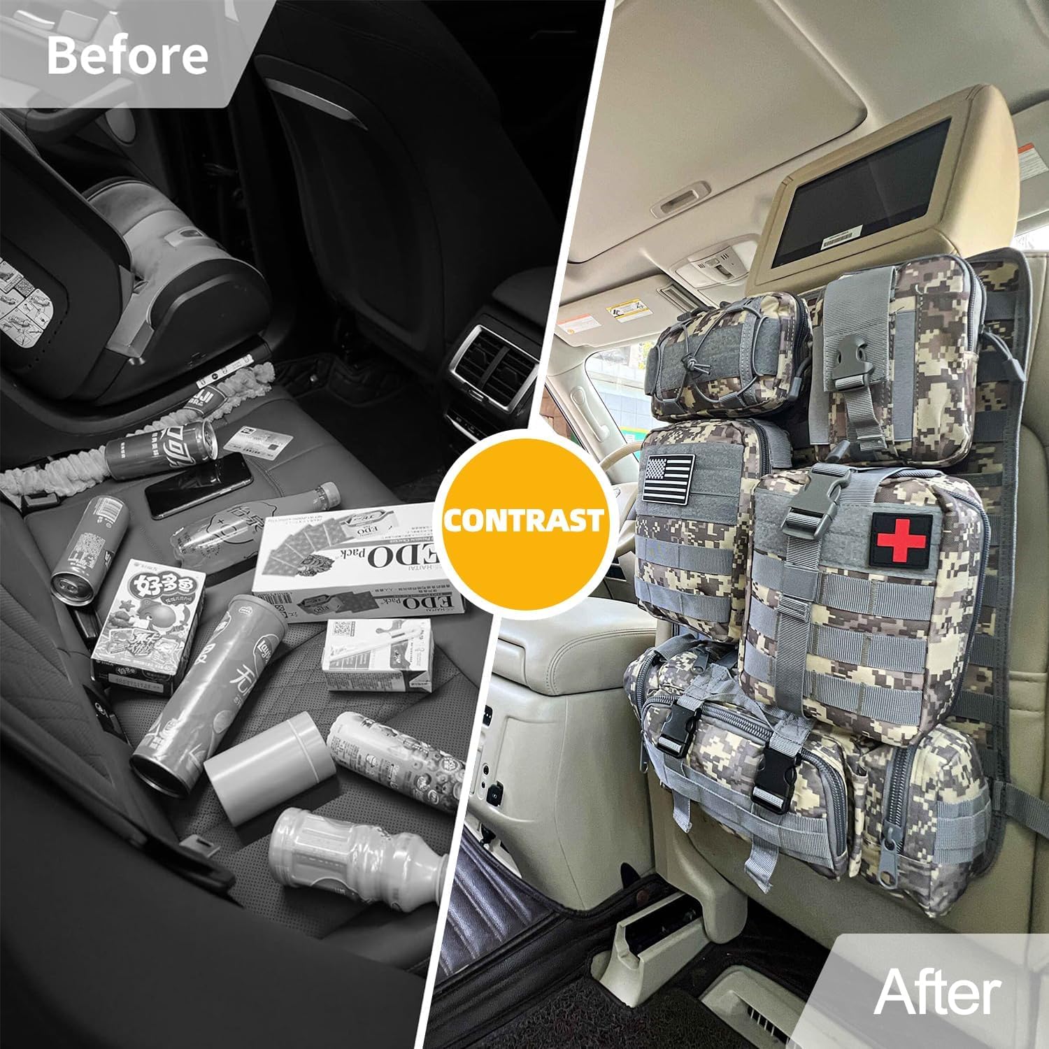 Universal Car Seat Backrest Organiser Tactical Molle Vehicle Organiser with 5 Removable Molle Pockets for Trucks, Car Seat Bags, Essential Camping Storage Accessories