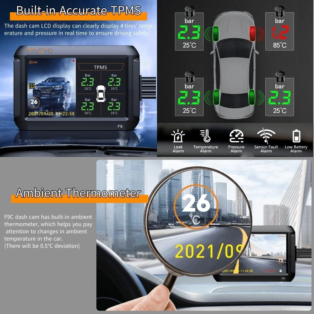 VSYSTO F9C Dash Cam Front and Rear Car Camera Dual 1080P Full HD, Inch Screen WiFi Dashboard Camera Baby monitor with G-Sensor Night Vision Tire Pressure Monitoring System Loop Recording for Car