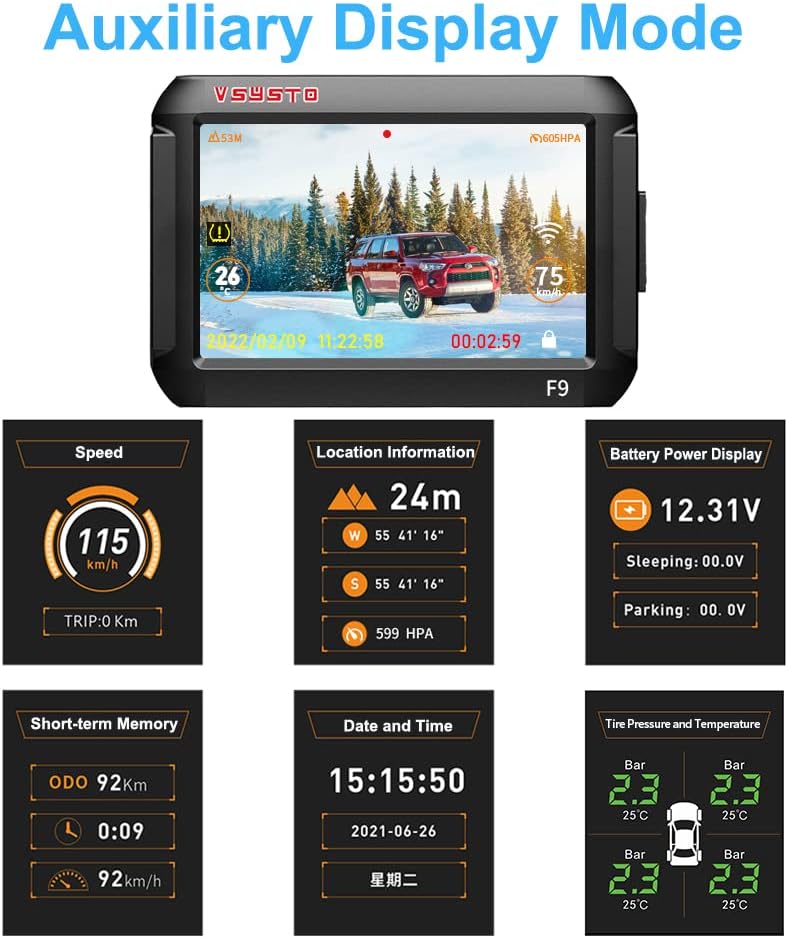 VSYSTO F9C Dash Cam Front and Rear Car Camera Dual 1080P Full HD, Inch Screen WiFi Dashboard Camera Baby monitor with G-Sensor Night Vision Tire Pressure Monitoring System Loop Recording for Car