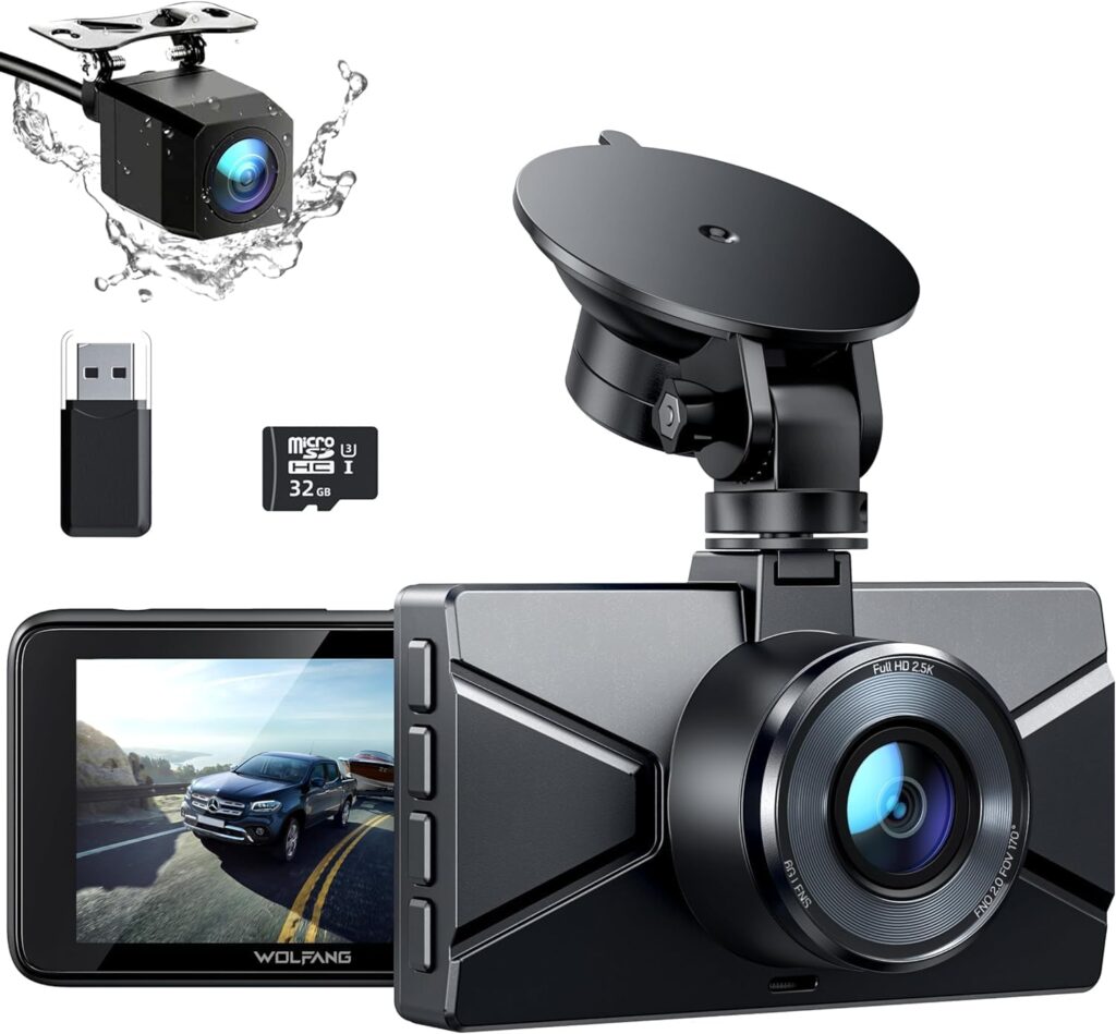 WOLFANG 2.5K Dual Dash Cam - Front  Rear, 32GB Card, Night Vision, G-Sensor, Touch Control, Display