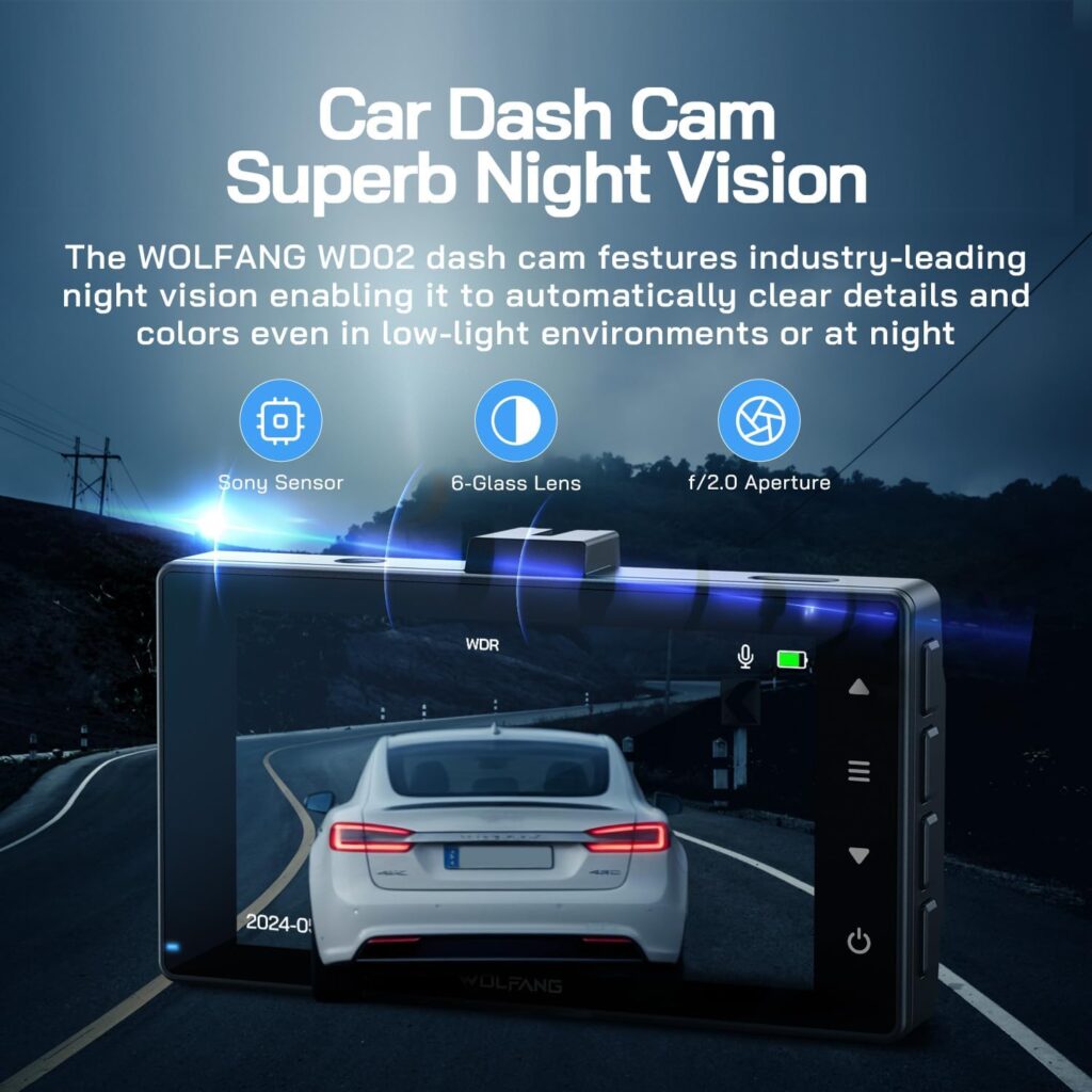 WOLFANG 2.5K Dual Dash Cam - Front  Rear, 32GB Card, Night Vision, G-Sensor, Touch Control, Display