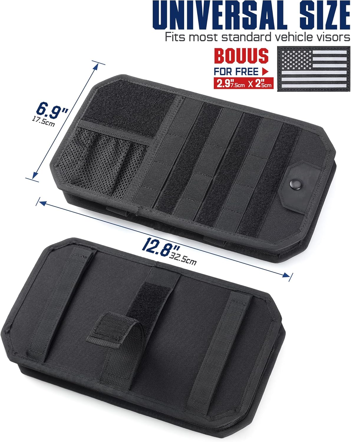 WYNEX Molle Car Sun Visor Organizer, Car Accessories with Zipper Visor Storage Pouch and Glasses Clip, Semi-Rigid Molle Panel with Patch for Tactical Gears, Fits Most Vehicles, SUVs, Trucks